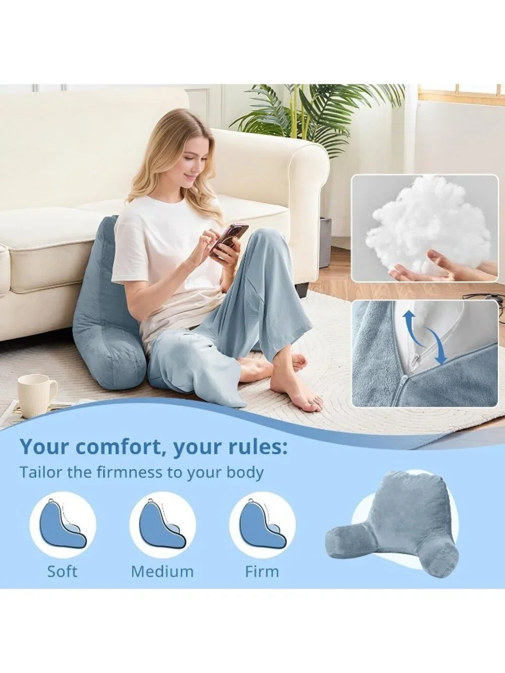 〽️Reading Pillow for Bed Back Pillow Sitting Up 18 Backrest Cushion Greyish Blue